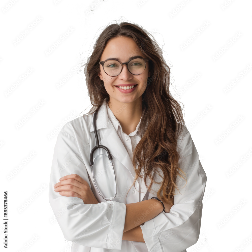 Female doctor portrait isolated on white transparent background, young woman with stethoscope