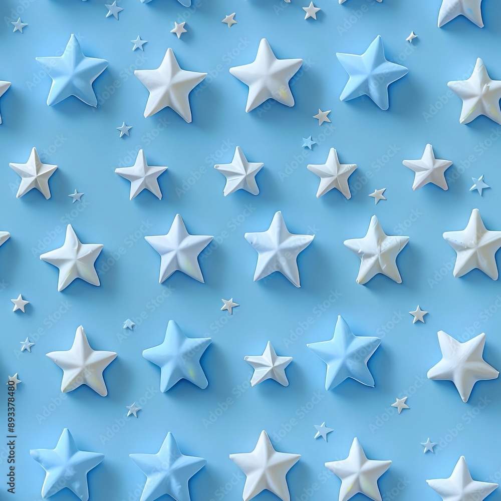 Sparse arrangement of stars in a geometric pattern, pastel blue background, pop art style, playful and bright, flat lay Sparse arrangement of stars in a geometric pattern, pastel blue background, pop art style, playful and bright, flat lay