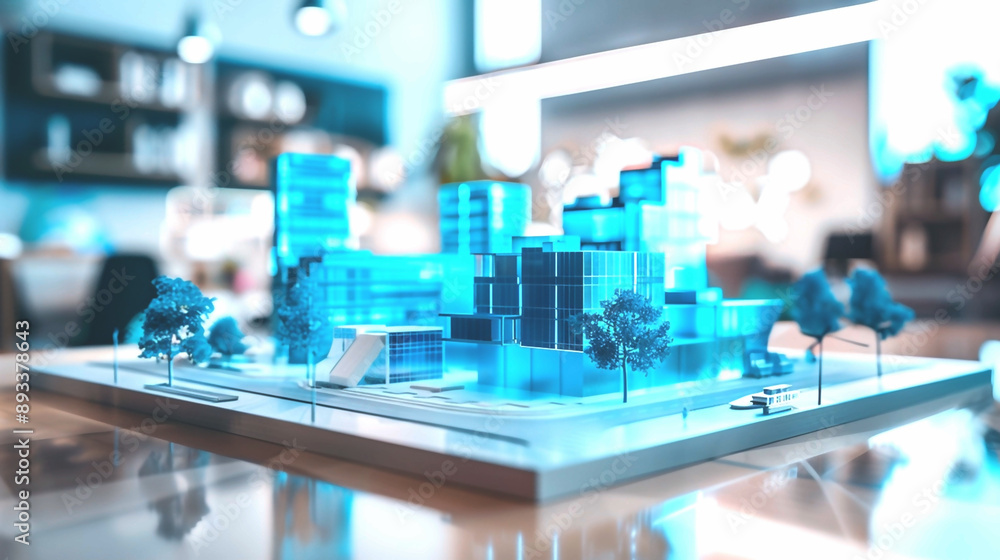 Futuristic blue 3d render model of a city houses or homes on a table in a real estate agency business office. Architecture building, residential property design, apartment housing concept Futuristic blue 3d render model of a city houses or homes on a table in a real estate agency business office. Architecture building, residential property design, apartment housing concept