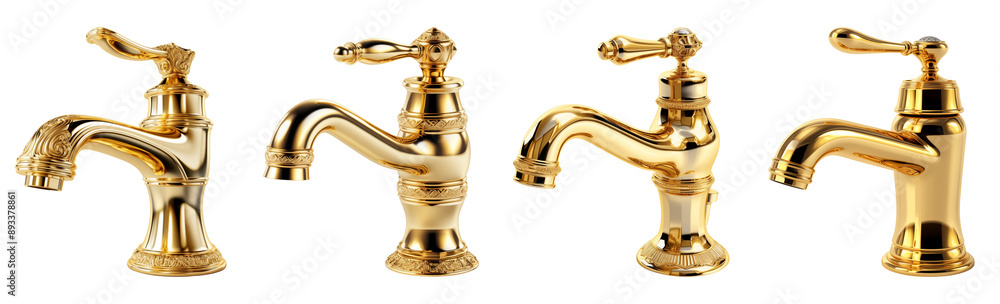 Set of premium quality gold faucets. Golden tap fixtures clip outs. Set of premium quality gold faucets. Golden tap fixtures clip outs.