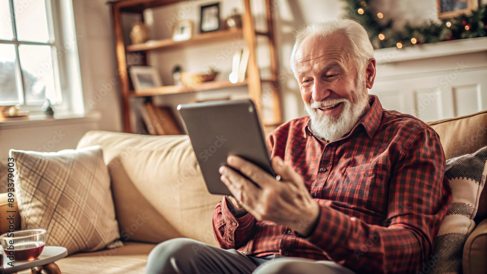 Holiday Cheer: Connected Senior Citizen Enjoys Festive Greetings on Tablet Holiday Cheer: Connected Senior Citizen Enjoys Festive Greetings on Tablet