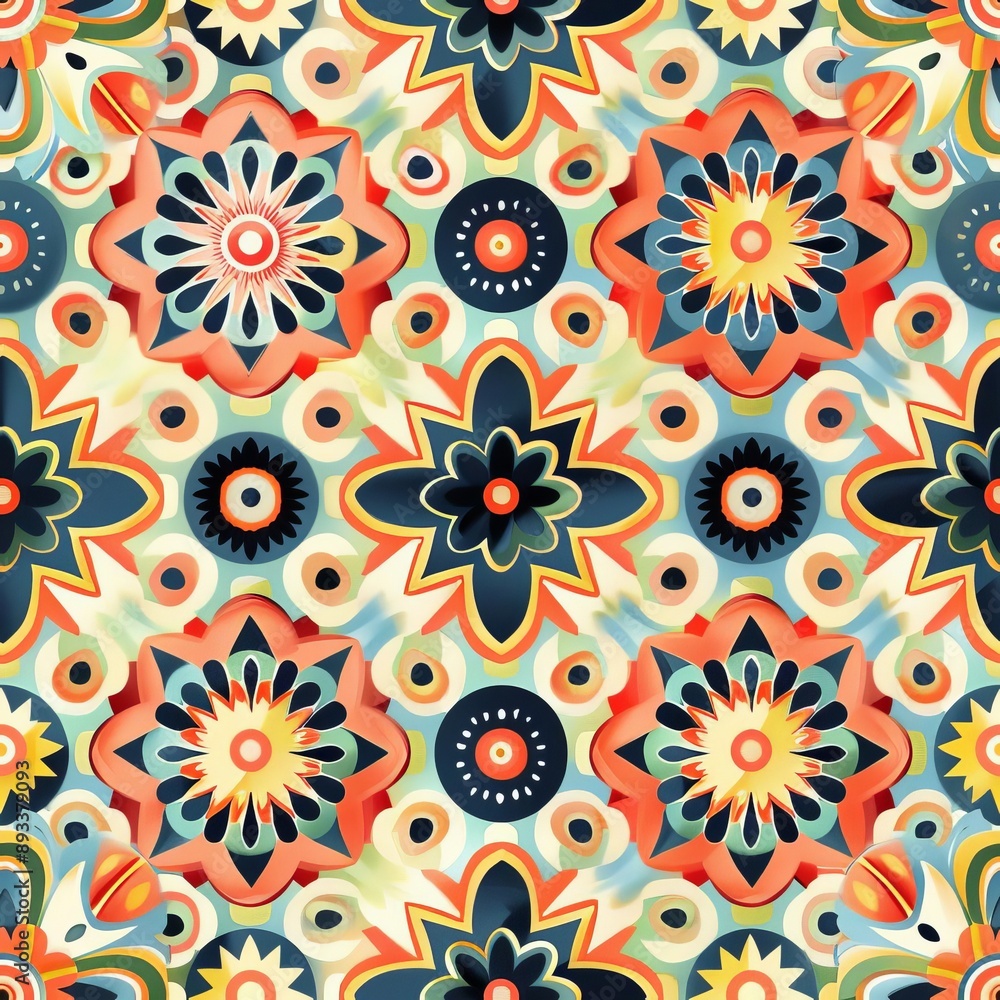 Naklejka premium Sparse arrangement of symbols in a kaleidoscopic pattern, pastel coral backdrop, psychedelic style, vibrant and lively