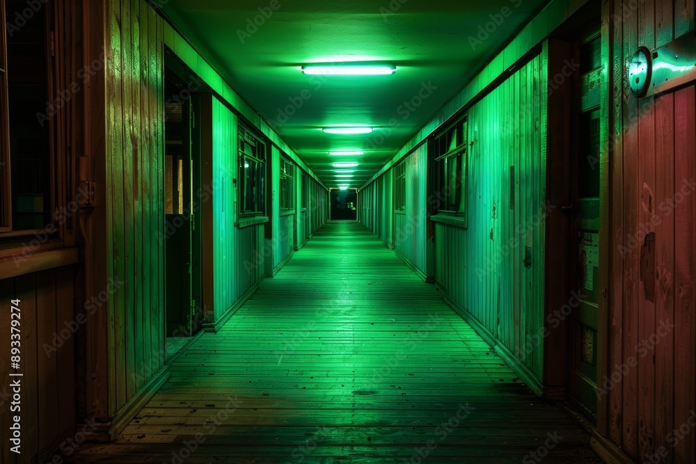 Interior of a corridor in a building with green neon lights. Interior of a corridor in a building with green neon lights.