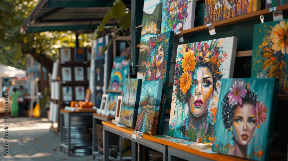 Naklejka premium Tętniące życiem targi sztuki Skup się na targach sztuki z różnorodnymi kolorowymi dziełami sztuki, z uroczystym tłem na świeżym powietrzu,
