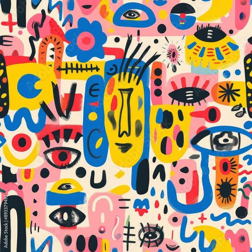 Sparse arrangement of symbols in a random pattern, pastel coral backdrop, psychedelic style, vibrant and lively