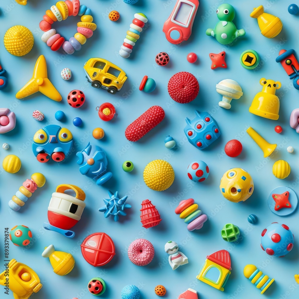Sparse arrangement of toys in a fun pattern, pastel blue background, pop art style, playful and bright, flat lay Sparse arrangement of toys in a fun pattern, pastel blue background, pop art style, playful and bright, flat lay