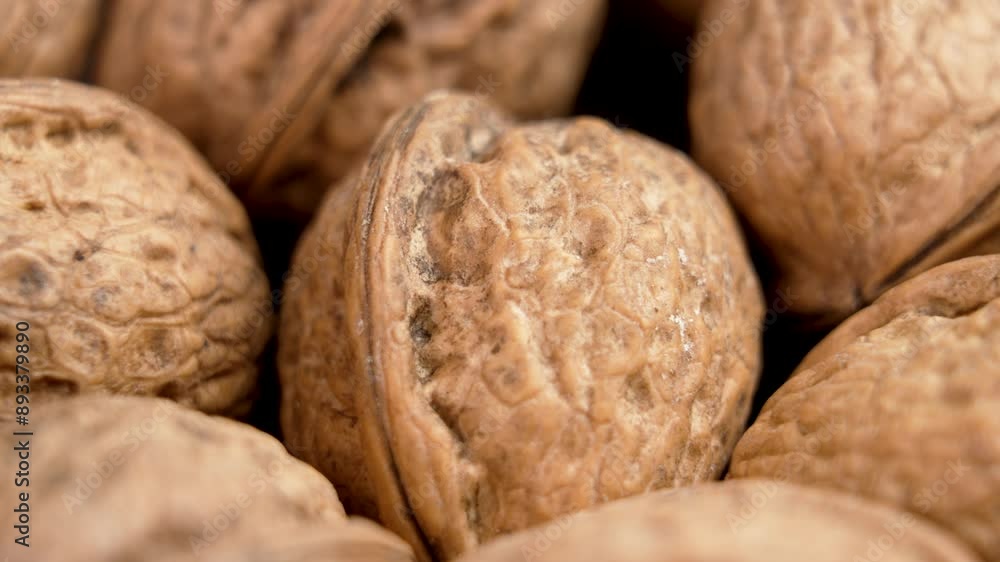 Unshelled fresh walnuts with hard textured shells in a heap. Peel of nuts in macro shot. Rotation Unshelled fresh walnuts with hard textured shells in a heap. Peel of nuts in macro shot. Rotation