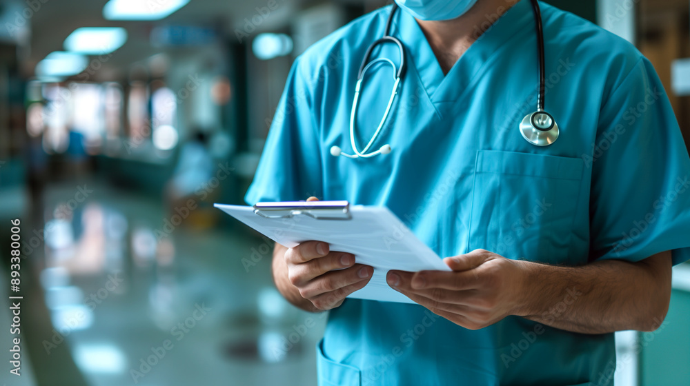Banner with medical professional in teal scrubs holding clipboard in hospital corridor. Doctor inform patient about test results Banner with medical professional in teal scrubs holding clipboard in hospital corridor. Doctor inform patient about test results