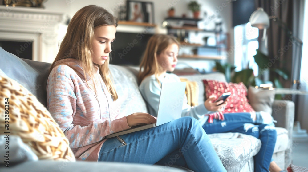 Mother sitting on sofa with laptop spying on teen daughter using cellphone, mom and kid spending leisure time together on devices. Parental control and smartphone generation Mother sitting on sofa with laptop spying on teen daughter using cellphone, mom and kid spending leisure time together on devices. Parental control and smartphone generation