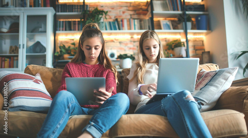 Mother sitting on sofa with laptop spying on teen daughter using cellphone, mom and kid spending leisure time together on devices. Parental control and smartphone generation