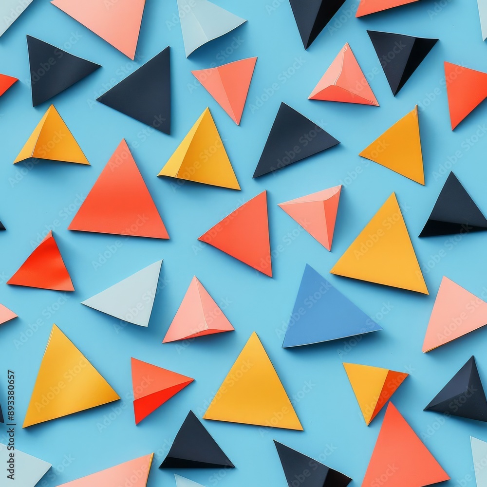 Sparse arrangement of triangles in an abstract pattern, pastel blue background, pop art style, playful and bright, flat lay Sparse arrangement of triangles in an abstract pattern, pastel blue background, pop art style, playful and bright, flat lay