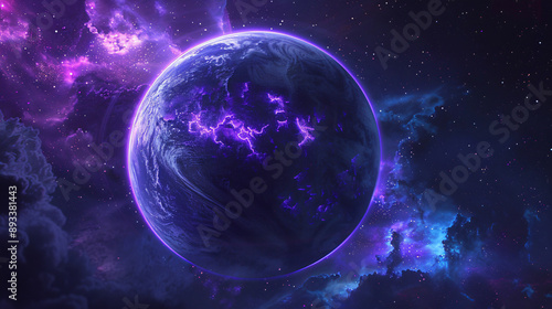 Mysterious purple planet surrounded by cosmic clouds creating an enchanting and otherworldly scene perfect for space exploration themes with copy space text