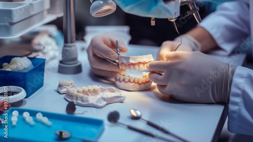 The technician uses tools and, performs detailed work such as molding or repairing dentures. Furnishings, professional dental laboratory, samples of artificial teeth and other dental materials