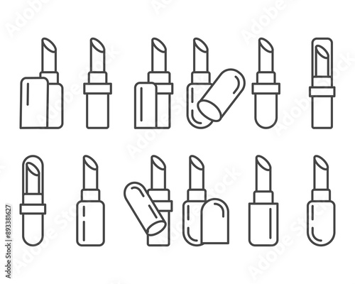 Collection makeup and cosmetics. Beauty linear vector graphic icons in the form of lipstick with lip care cap.