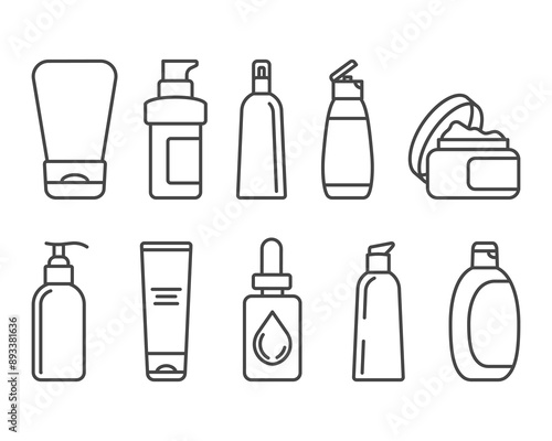 Collection vector icons of beauty, cosmetics and care. Bottle, jar, shower gel, face cream, body lotion, spray, ointment, paste.