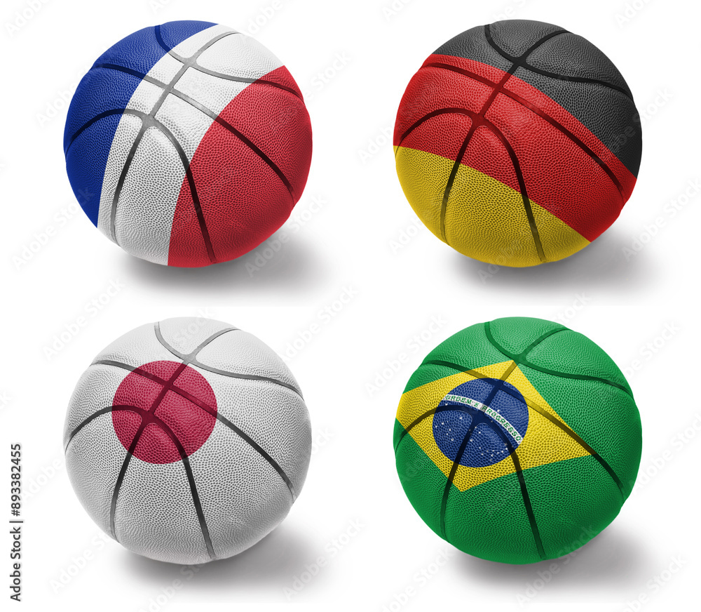 basketball balls with the national flags of france germany japan brazil on the white background. Group b basketball balls with the national flags of france germany japan brazil on the white background. Group b