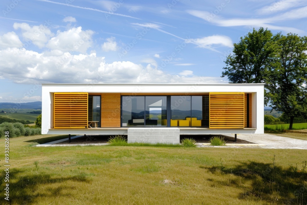 Obraz premium A modern wooden house painted white with yellow accents