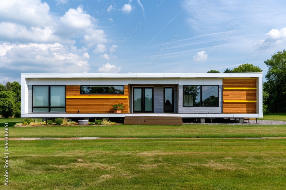A modular wood and white concrete house set in the countryside with green grass around it. A modular wood and white concrete house set in the countryside with green grass around it.