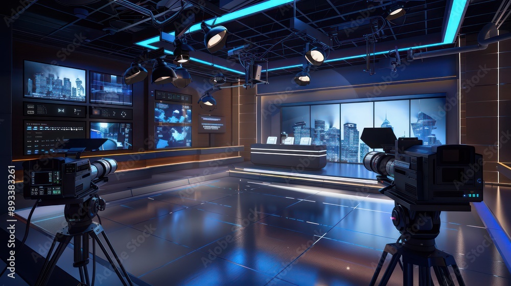 corporate broadcast studio with cameras, teleprompters, and a news desk for internal communications