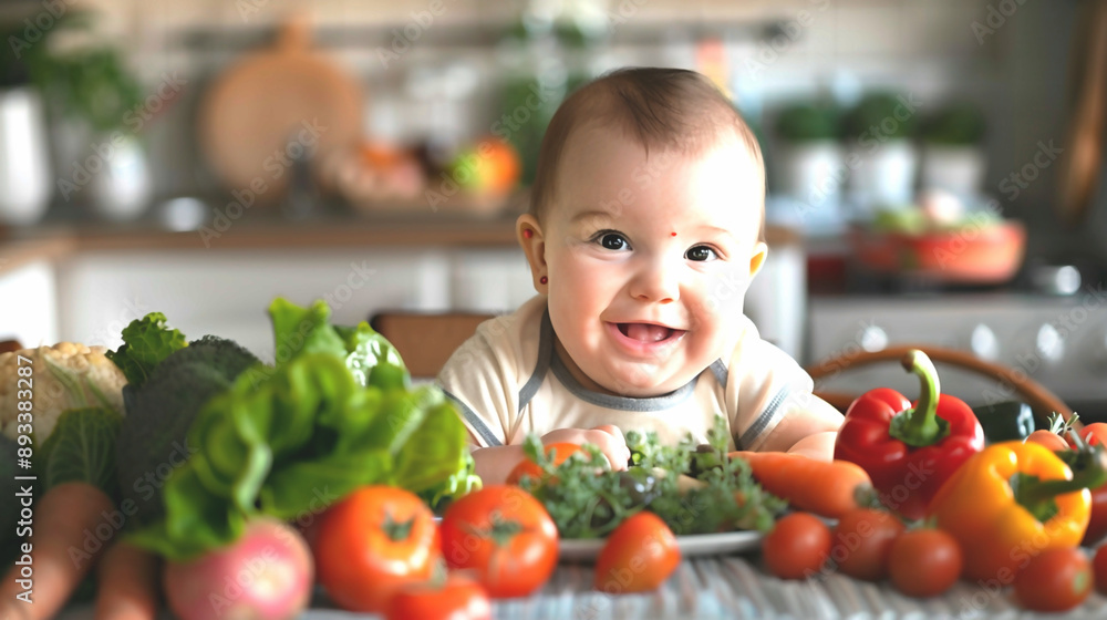 Closeup of a beautiful newborn toddler baby sitting at a kitchen table full of raw vegetables on a plate. Healthy, fresh and organic nutrition for an infant girl indoors Closeup of a beautiful newborn toddler baby sitting at a kitchen table full of raw vegetables on a plate. Healthy, fresh and organic nutrition for an infant girl indoors