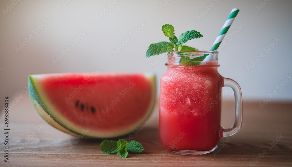 Glass of watermelon smoothie on wooden table. Sweet fruit drink. Healthy beverage. Organic detox Glass of watermelon smoothie on wooden table. Sweet fruit drink. Healthy beverage. Organic detox