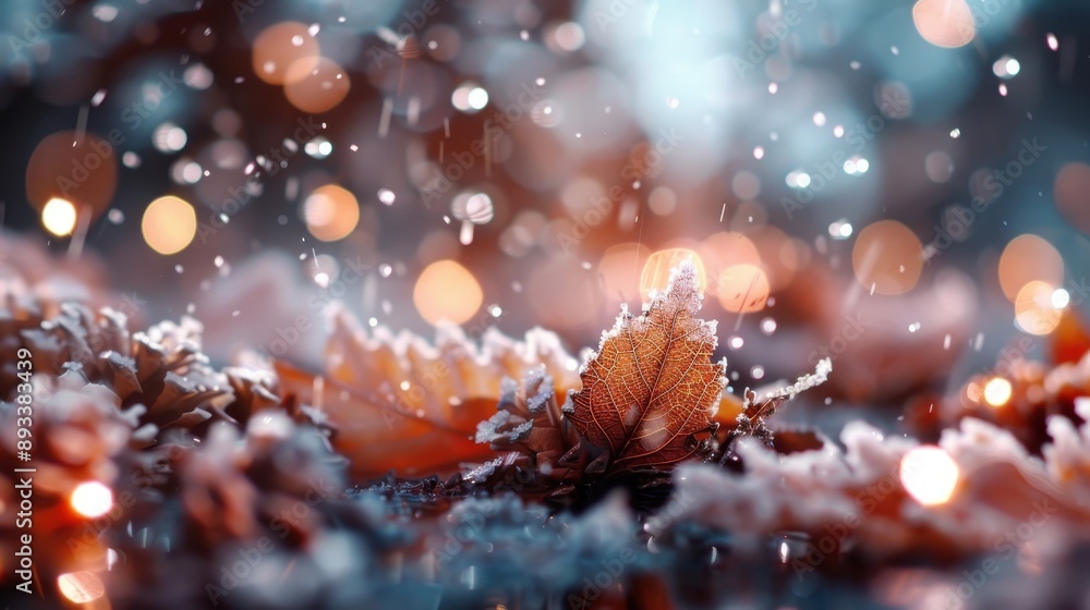 A close-up of a fallen leaf covered in snowflakes, illuminated by bokeh lights in the background, evoking the beauty and tranquility of a winter scene. A close-up of a fallen leaf covered in snowflakes, illuminated by bokeh lights in the background, evoking the beauty and tranquility of a winter scene.