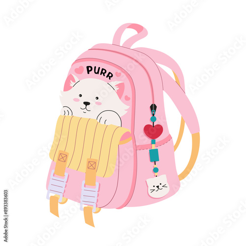 Pink school backpack for girl. Child satchel with white cat. Fashionable youth design. Back to school concept. Education and study learning. Cute accessory keychain. Vector flat illustration.