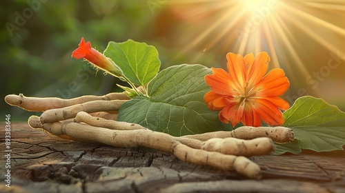 a realistic ashwagandha plan and flower on a matching themed background photo