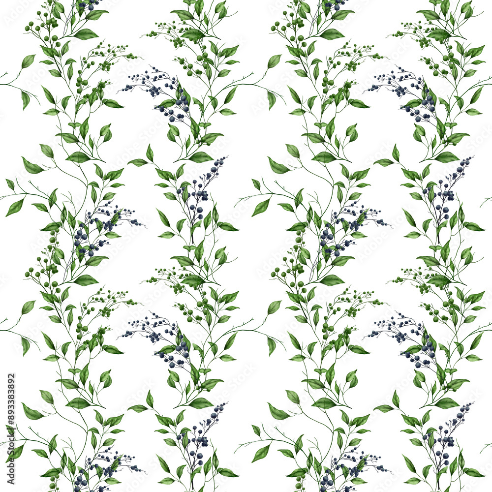 Seamless floral pattern. Graceful twigs and green leaves. A beautiful branch with buds. Gypsophila watercolor illustration. Botanical illustration. Flowers are highlighted in the background. Seamless floral pattern. Graceful twigs and green leaves. A beautiful branch with buds. Gypsophila watercolor illustration. Botanical illustration. Flowers are highlighted in the background.
