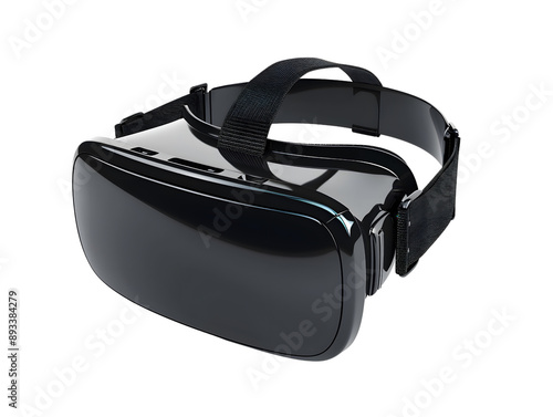 A black VR headset isolated on a black background. The headset is angled to show the front and top of the device. The headset is a sleek and modern design.