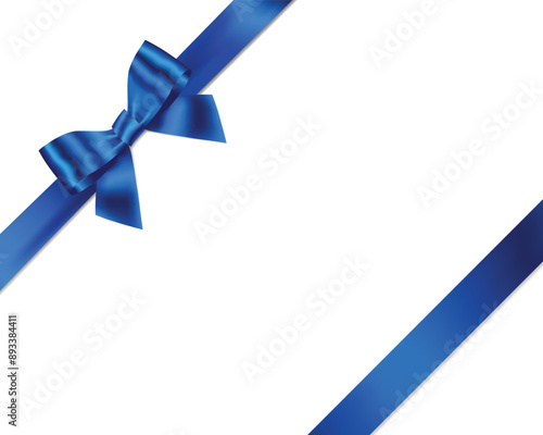 Blue Ribbon Bow Realistic shiny satin with shadow place on corner of paper for decorate your wedding invitation card ,father's day card , certificate or gift boxes vector EPS10 isolated on white
