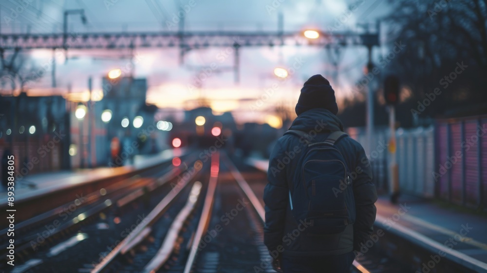 Obraz premium Person waiting on empty railway platform at sunset, wearing a hooded jacket and backpack.