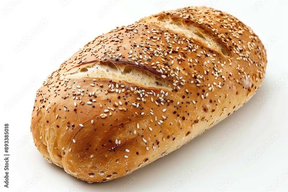 Fresh whole loaf country bread covered with seeds isolated on solid white background Fresh whole loaf country bread covered with seeds isolated on solid white background