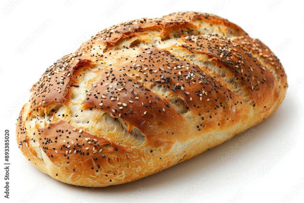 Fresh whole loaf country bread covered with seeds isolated on solid white background Fresh whole loaf country bread covered with seeds isolated on solid white background