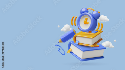 Education and study 3d realistic vector background with books stack, alarm clock and pen flying in clouds. Three dimensional student banner with empty space for text.