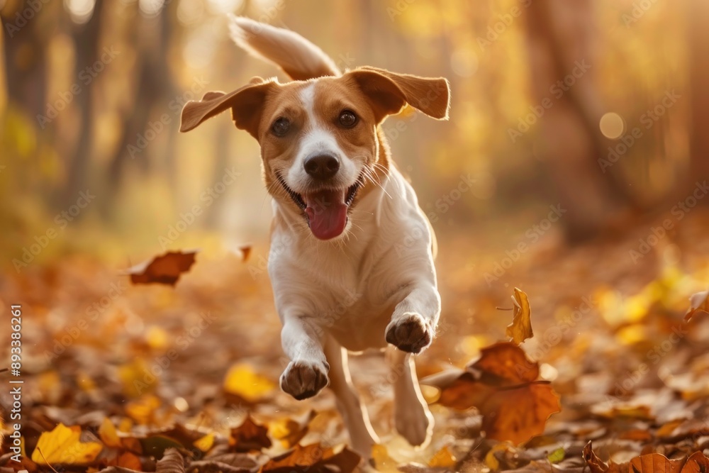 Happy dog running in the park, joyful spirit in the autumn, fallen leaves Happy dog running in the park, joyful spirit in the autumn, fallen leaves