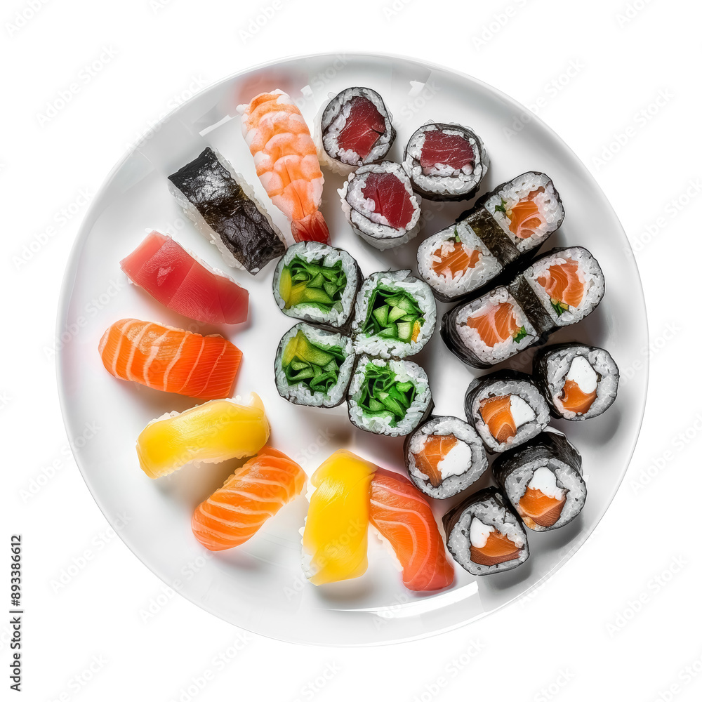 Sushi set nigiri and rolls served on round white platter. Top view, PNG, isolated on transparent background. Sushi set nigiri and rolls served on round white platter. Top view, PNG, isolated on transparent background.