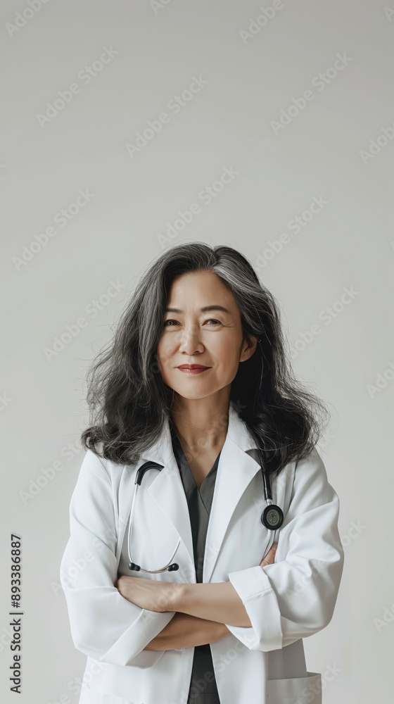 Portrait of veteran Asian female doctor looking and smiling at camera Portrait of veteran Asian female doctor looking and smiling at camera