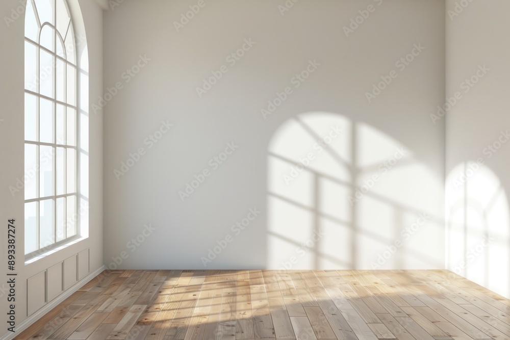 Mock-up of white empty room tihe arch window and wood laminate floor, sun light cast the shadow on the wall Mock-up of white empty room tihe arch window and wood laminate floor, sun light cast the shadow on the wall