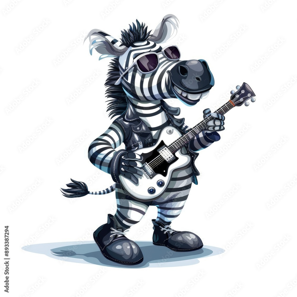 Cool Rocking Zebra with Guitar in Leather Jacket and Sunglasses Cool Rocking Zebra with Guitar in Leather Jacket and Sunglasses