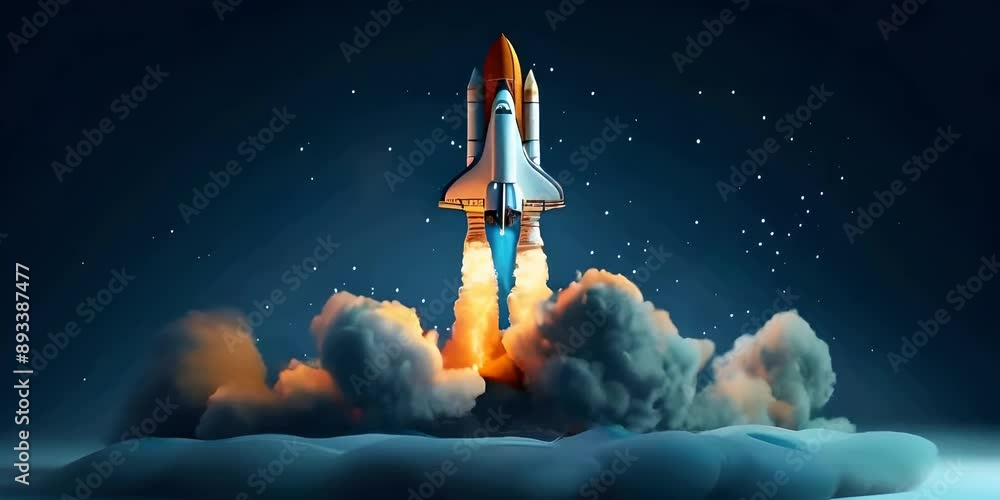 Rocket launch scene with a space shuttle, flames, and smoke rising from the ground symbolizing a business concept idea, dynamic growth, innovative start, entrepreneurial launch Rocket launch scene with a space shuttle, flames, and smoke rising from the ground symbolizing a business concept idea, dynamic growth, innovative start, entrepreneurial launch