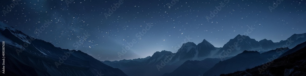 Obraz premium Ethereal Light Beam Piercing Mountain Darkness: Majestic Nocturnal Alpine Landscape. High-Altitude Adventure Meets Celestial Wonder in Nature's Grandeur. Mystical 4K Wallpaper Capturing Humanity's Con