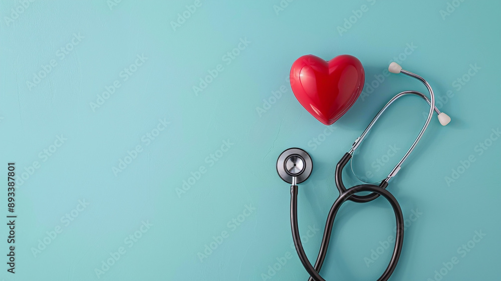 A heart with stethoscope on light blue background A heart with stethoscope on light blue background