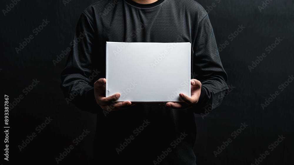 Naklejka premium a man holding a white box delivery. concept online shopping.