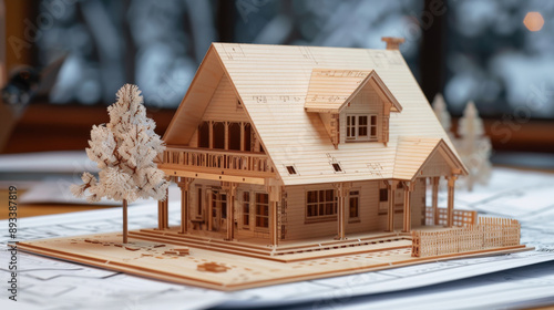 Miniature Wooden House Model with Evening Background photo