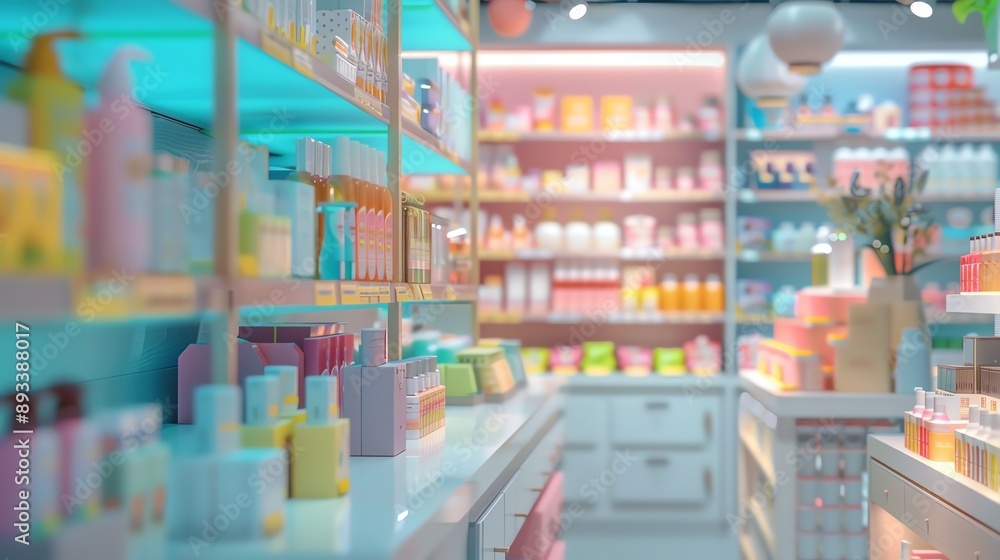 A brightly lit aisle in a store filled with colorful bottles of beauty products on shelves. A brightly lit aisle in a store filled with colorful bottles of beauty products on shelves.
