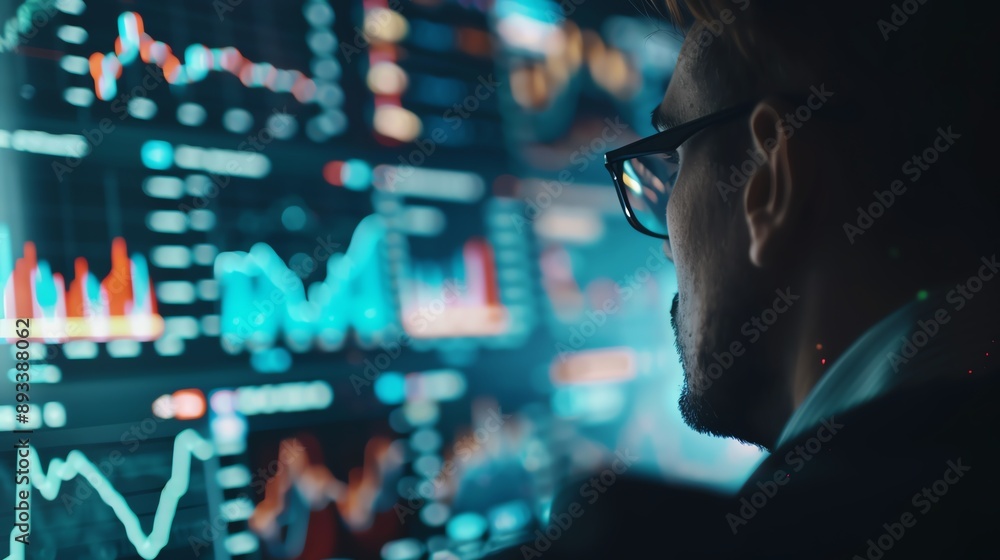 A businessman analyzes financial data displayed on a large screen. A businessman analyzes financial data displayed on a large screen.