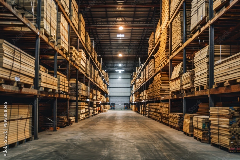 Lumber stored in a warehouse industry background Lumber stored in a warehouse industry background