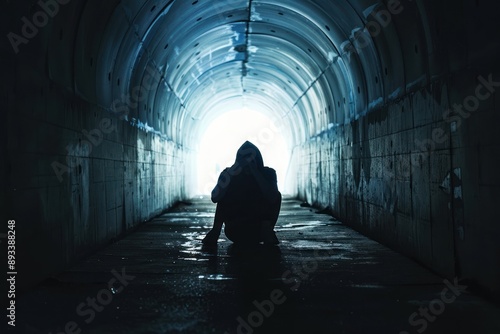 a silhouette of a girl in a tunnel, depression, sadness, and loneliness concept © Anna