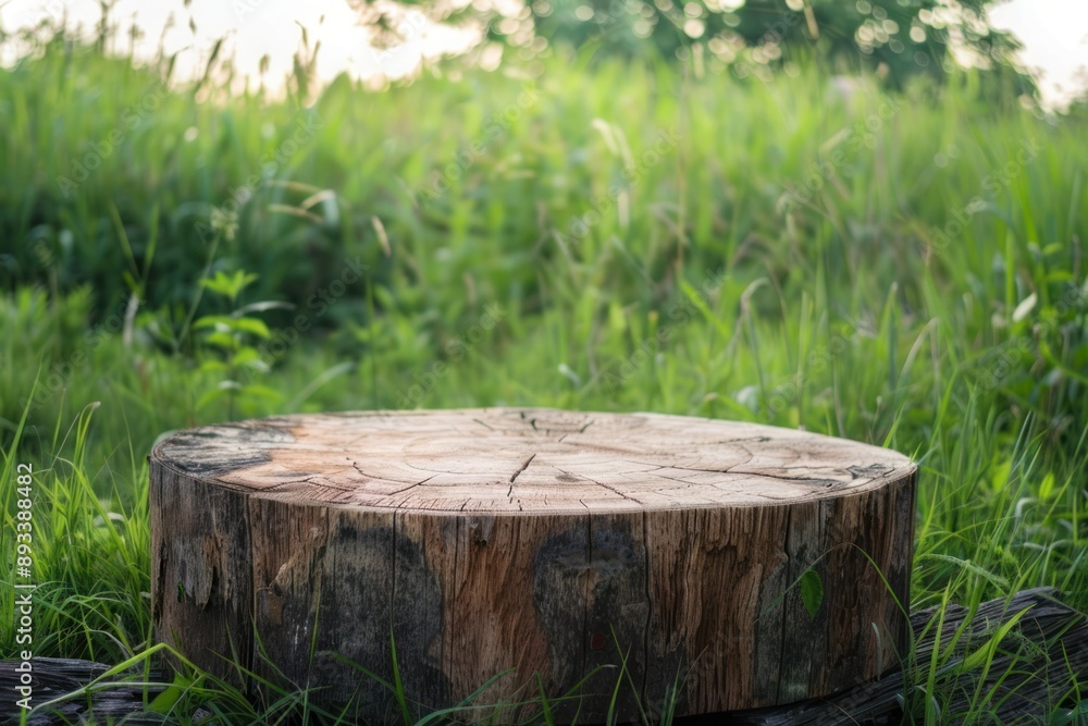 empty green wood trunk stump nature podium stand stage landscape meadow grass background empty green wood trunk stump nature podium stand stage landscape meadow grass background